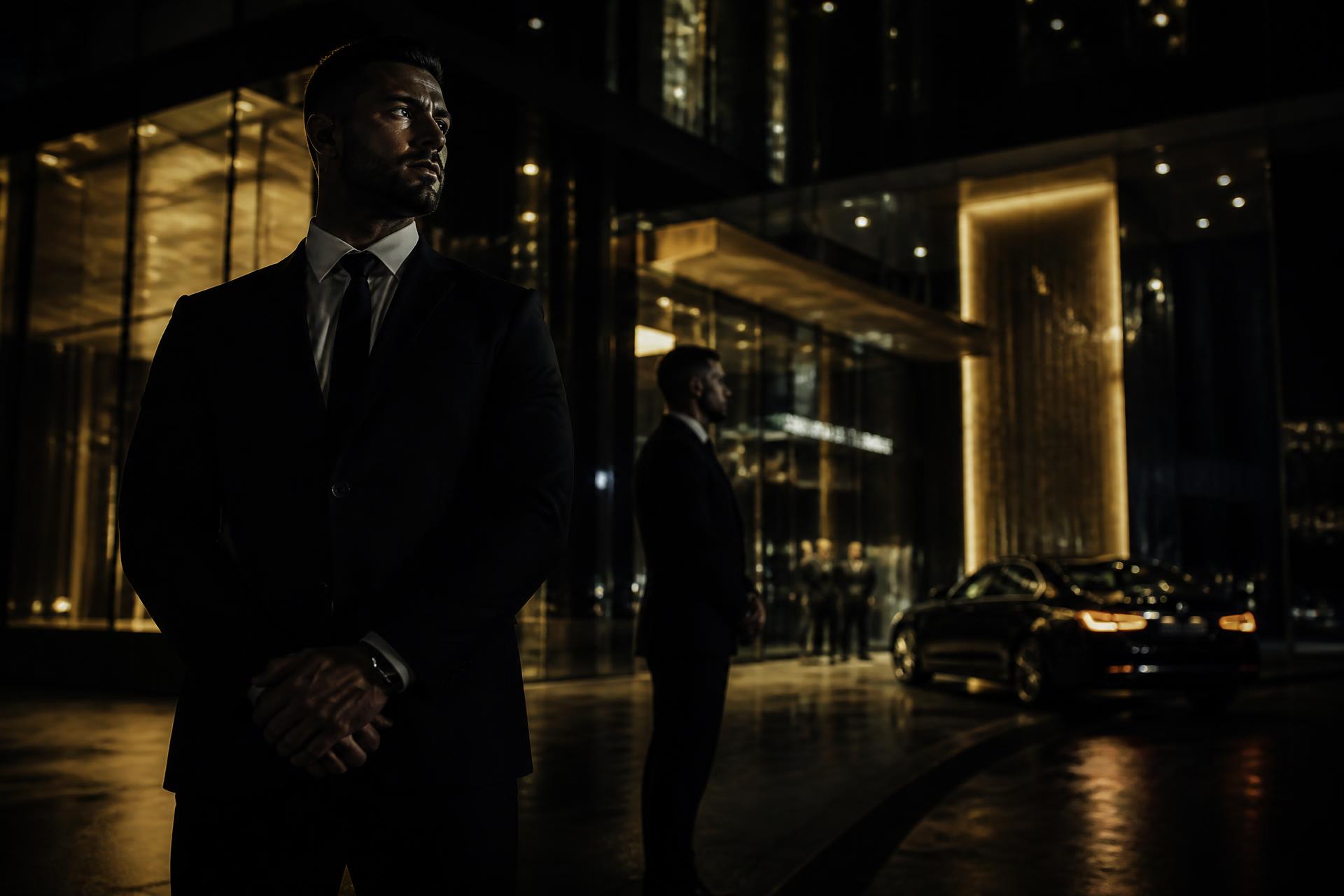 Professional security officers on duty at night outside a corporate building